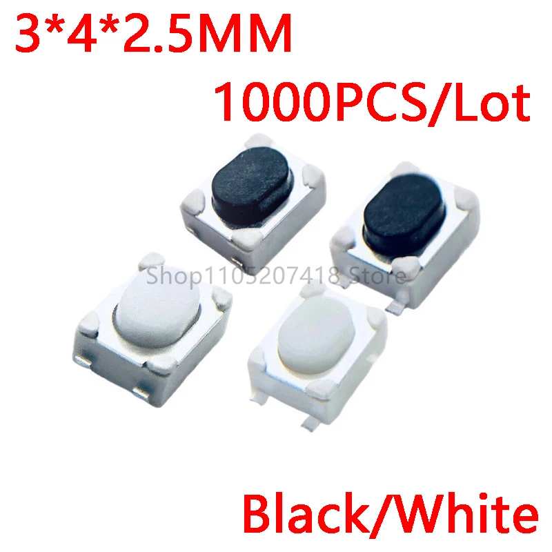 1000PCS/LOT 3*4*2.5mm SMD Tact Switch 4 Pin Touch Micro Switch Push Button Switches 3x4x2.5H White Button Car Remote Key Button