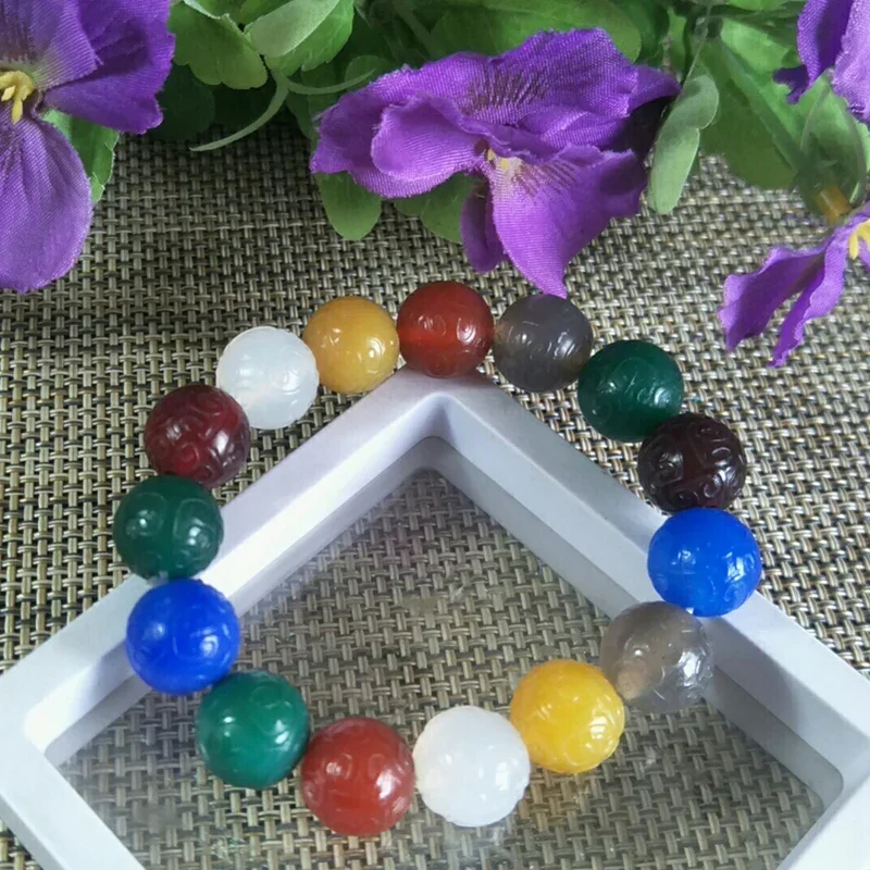 Natural Colour Agate Fret Round Bead Jade Bracelet Jewellery Lucky Exorcise Evil Spirits Auspicious Amulet Fine Jade Jewelry