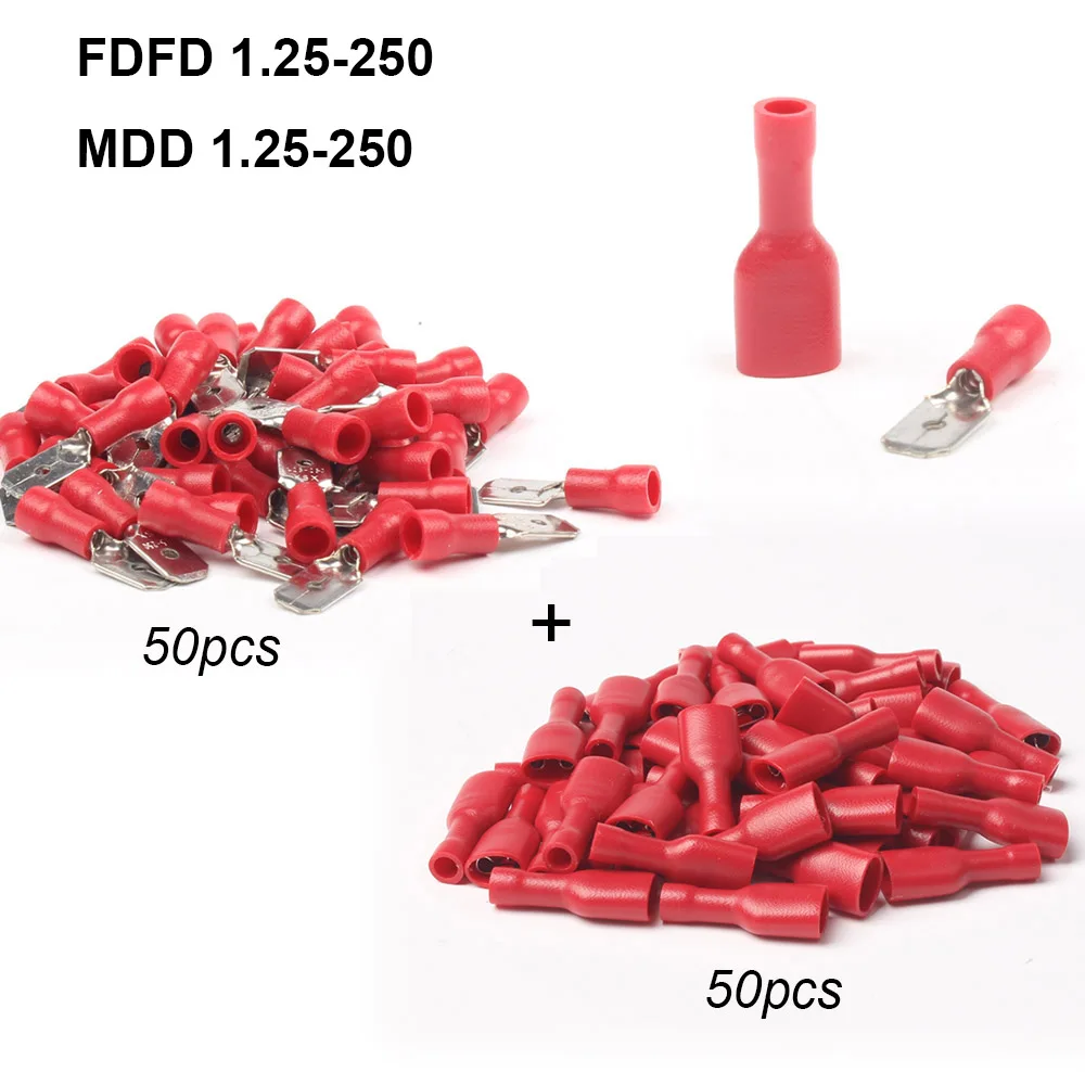 50pcs Insulated Splice Wire Cable Connector 6.3mm Crimp Electrical Terminals Red Blue Yellow Kit FDFD 1.25-250 2.5-250 5-250