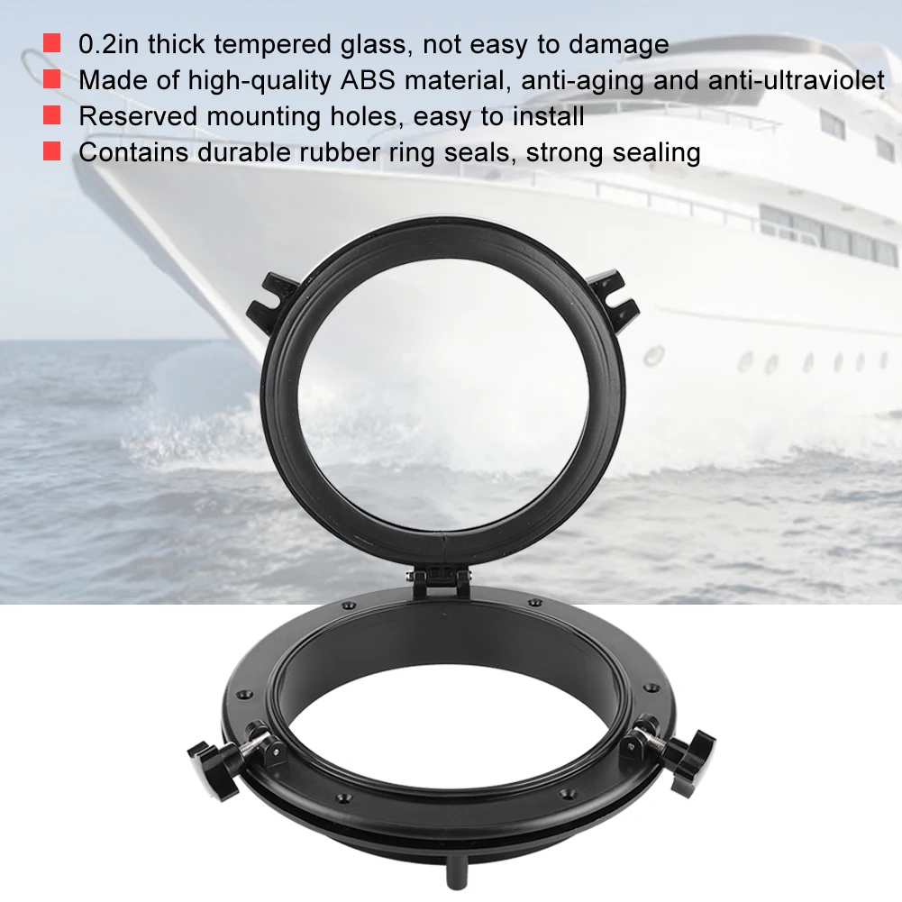 10in Marine Porthole 4mm Thick Tempered Glass Round Black Portlight Stalinite Window Universal for RV Boat Yacht