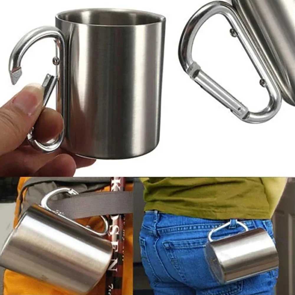 Outdoor Camping Travel Stainless Steel Cup Carabiner Hook Handle Picnic Water Mug Outdoor Travel Hike Cup Portable mug