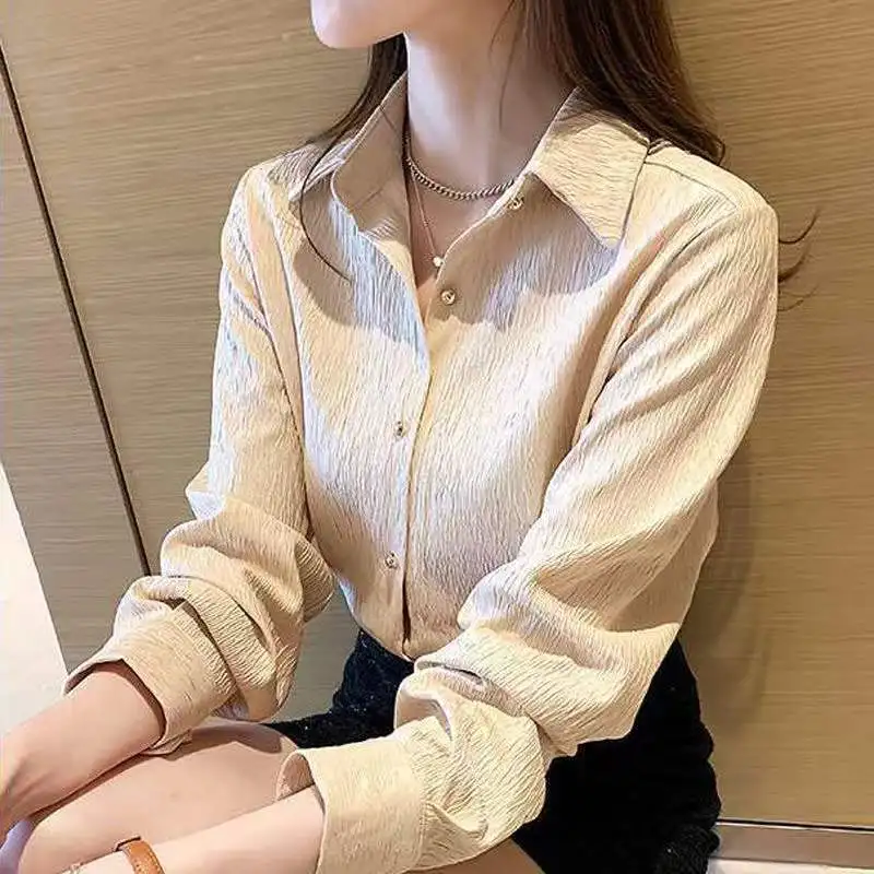 Spring Autumn New Women\'s Commute Solid Single-breasted Shirt Elegant Stylish Polo-Neck Vintage Long Sleeve Blouse for Female