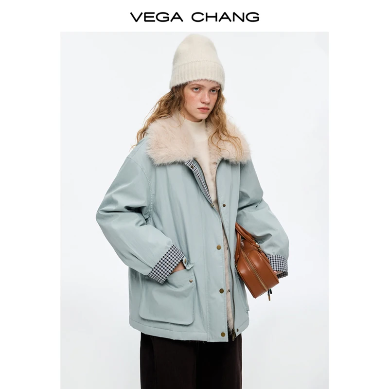 Kurtka puchowa Vega Chang New Winter damska, aksamitna, z futrzanym kołnierzem i przeszyciami w kratę, ciepły płaszcz