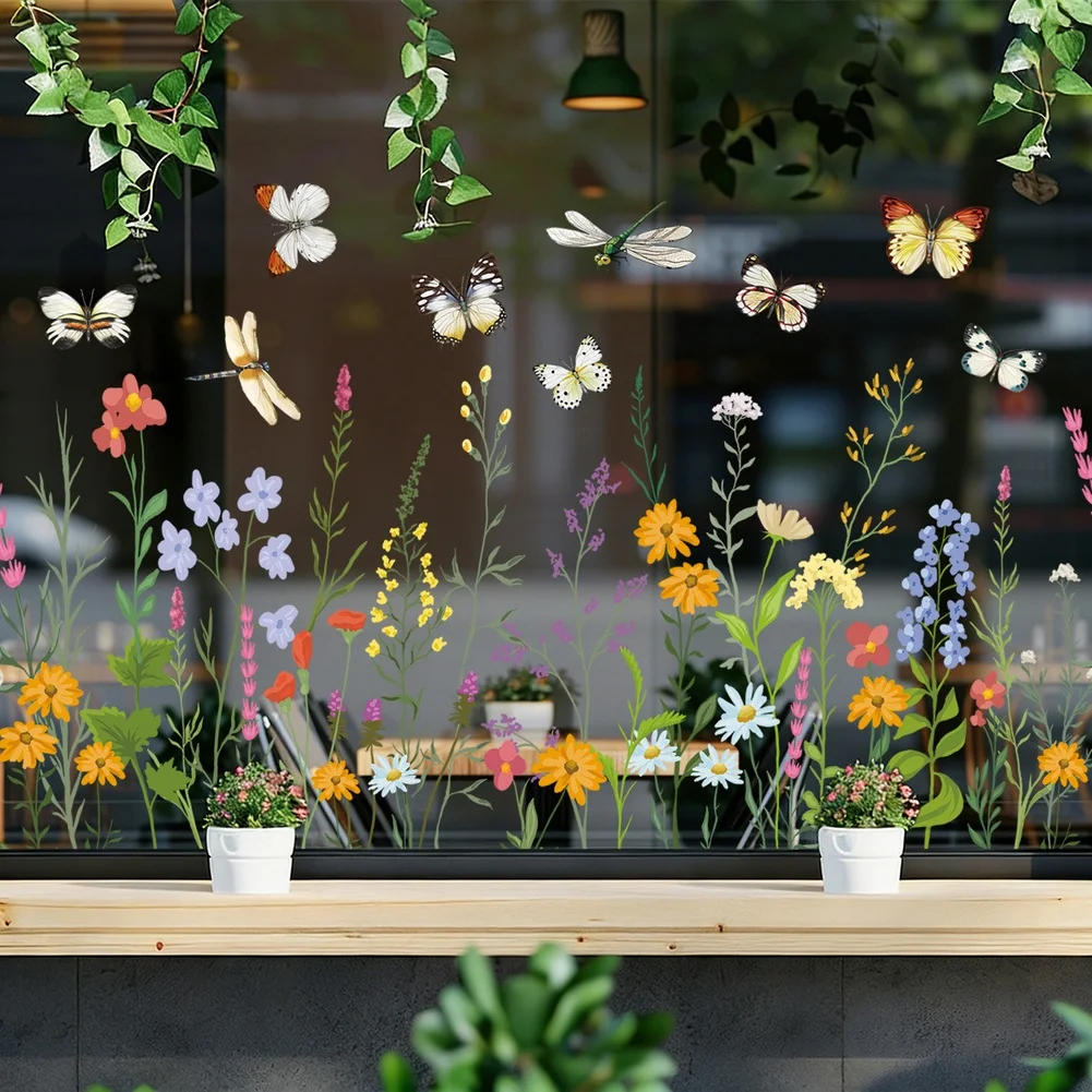Static Cling Sticker with Blossoming Flowers and Butterflies for Windows Glass Mirrors Tiles Wood Metal Smooth Walls