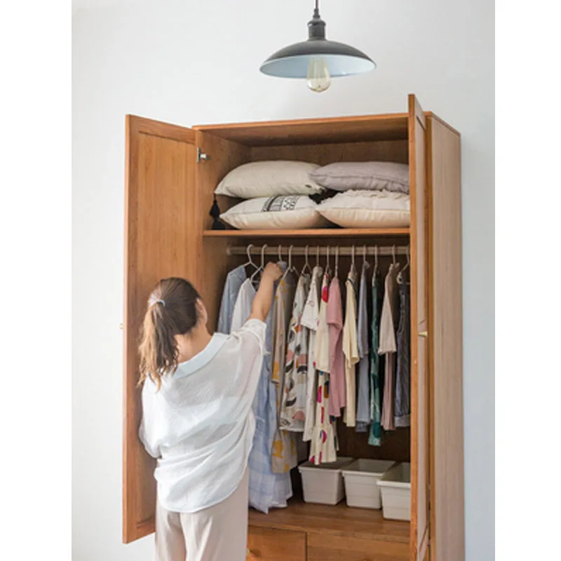 Cherry wood wardrobe for small home use, double-door drawer storage cabinet, solid wood bedroom storage cabinet