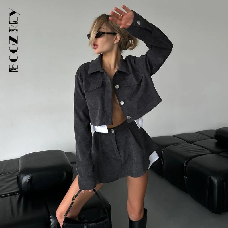 BoozRey Blazer Vintage con bottoni set di due pezzi Blazer con colletto rovesciato top e minigonne a-line Femme High Street Y2K Outfits