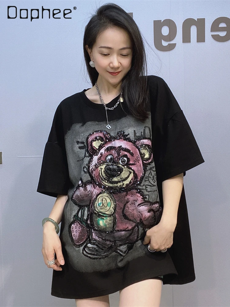 

Loose Cartoon Bear Short-sleeved T-shirt Women's Tide Brand Sequined Mid Length Cotton Top Kawaii Clothes Oversized T-shirt