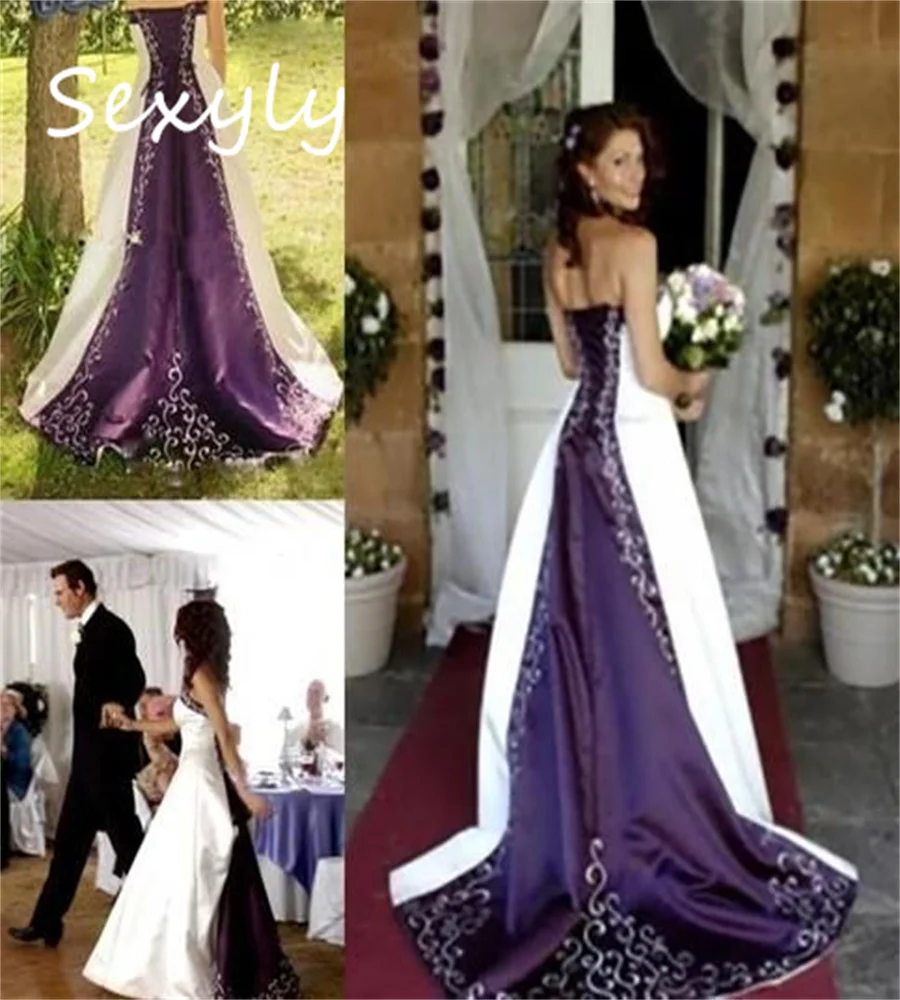 Retro Gothic Purple Embroidery Wedding Dress Strapless Soft Satin Corset Medieval Bride Dress Warriors Vestido Novia Customized