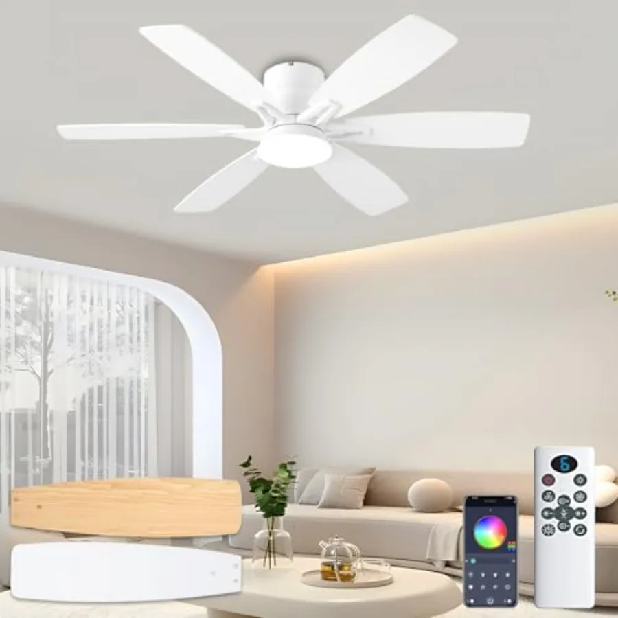 

52inch Ceiling Fans with Lights and Remote/App Control Low Profile Ceiling Fan with Light and 6 Double-Side blades Flush Mount