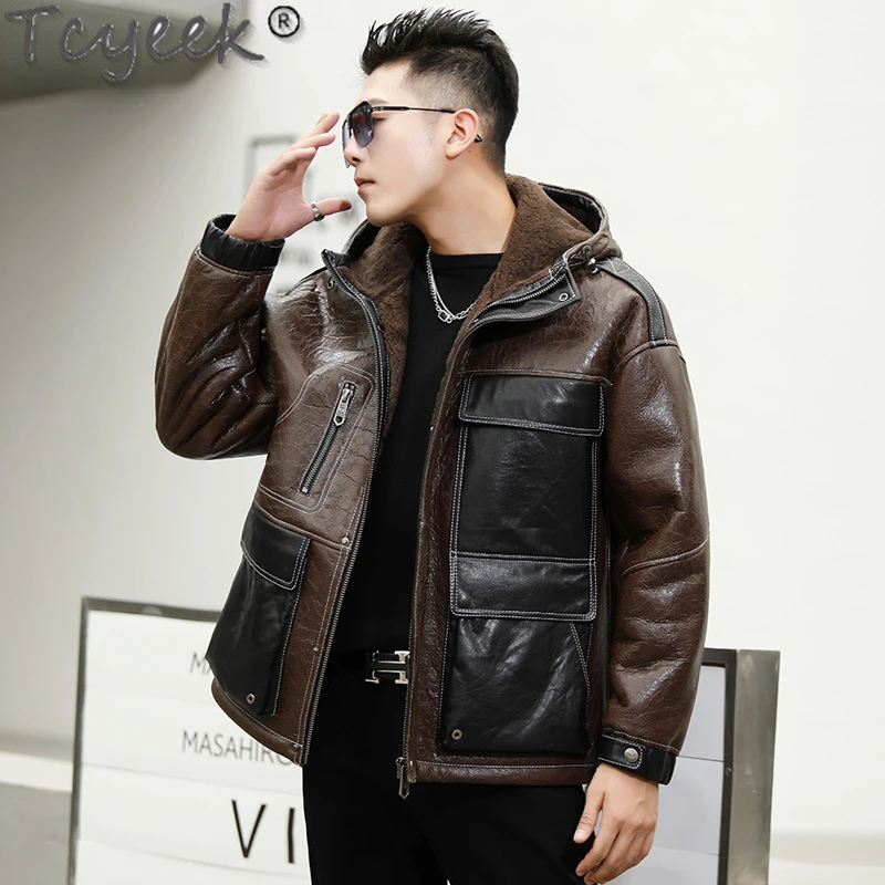 

Tcyeek Real Leather Jacket Men Winter Jackets Genuine Sheepskin Fur Coats Hooded Loose Men's Natural Fur Coat Vintage Clothing