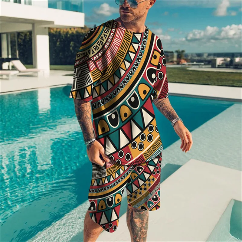 Men\'s Summer Tracksuit Set African Totem Series Sports Jogging Suit Colorful T Shirt Outfits 3D Printed Breathable 2 Piece Sets