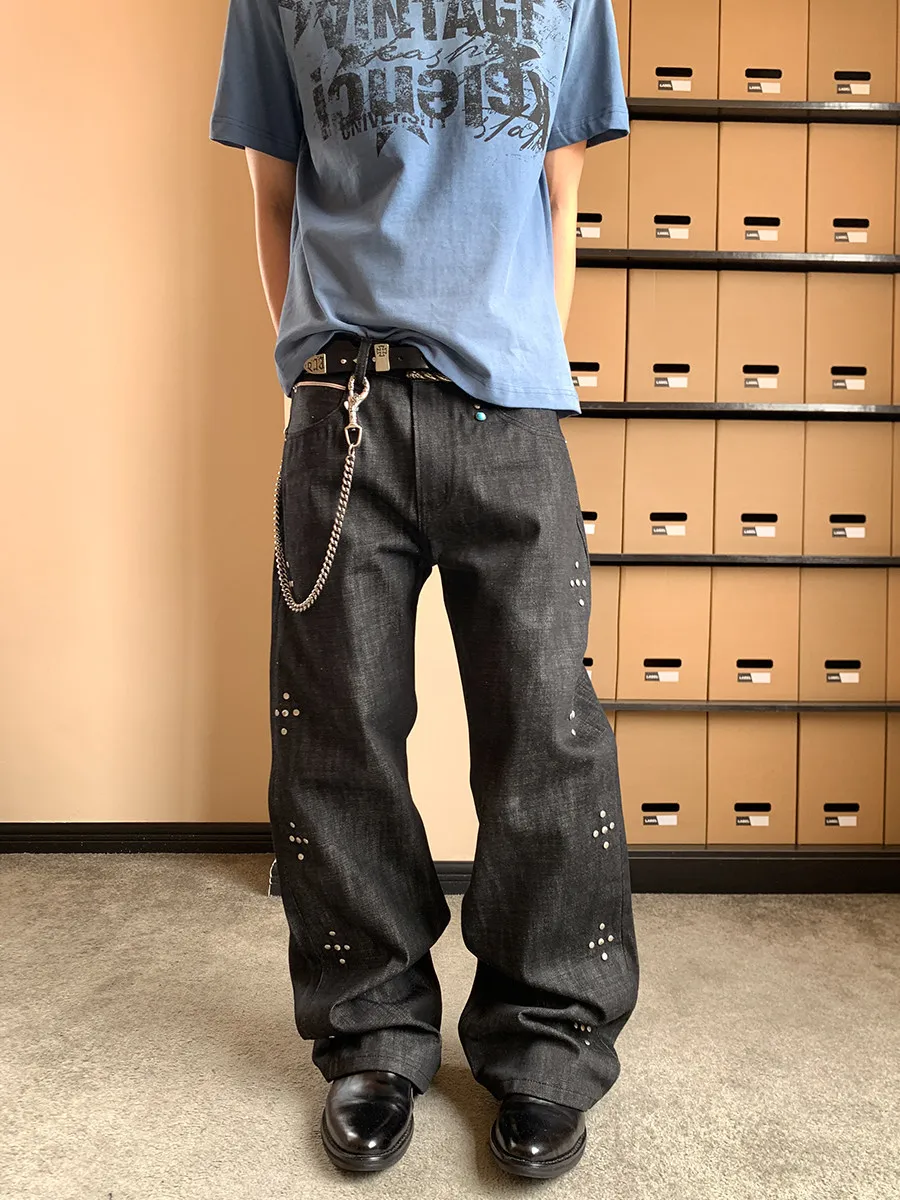 Retro Heavy Duty Black Ox Original Denim Jeans Loose Straight Leg Men Women Cleanfit High Street Style with Rivets Unisex