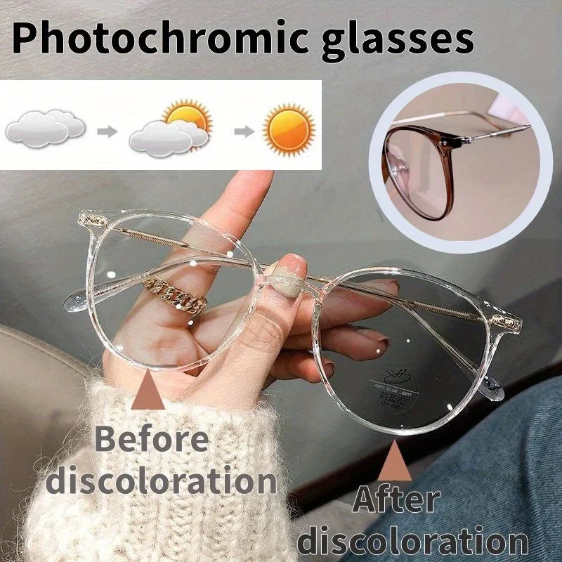 Photochromic Anti Blue Light Glasses Circular Metal Frame Fashionable Retro Glasses for Men and Women