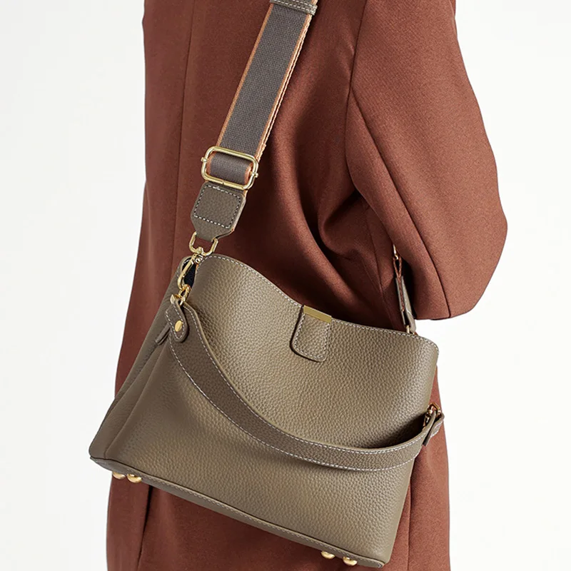 Elegant Genuine Leather Bucket Bag Women's Top Handle Crossbody Purse with Wide Strap Shoulder Bags Office Casual Everyday Use