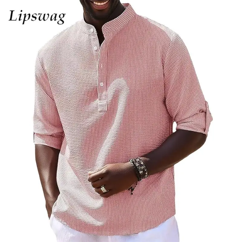 

Daily Casual Breathable Men's T Shirts Spring Fall Fashionable Striped Texture Tops Men Clothes Classic Style Stand Collar Shirt