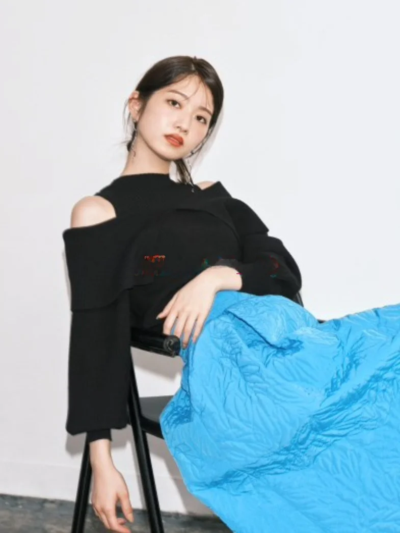 

Sweet Gentle Layered Knitwear round Neck off Shoulder Fake Two-Piece SweaterLB Home Style Japanese Sweet Pure Color Long Sleeve