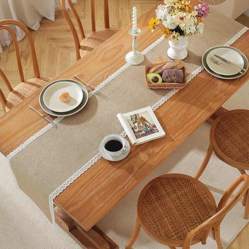 Natural Linen Table Runners Holiday Wedding Decoration Tablecloth Lace Table Flag Bed Tail Scarf Household Dining Table Decor