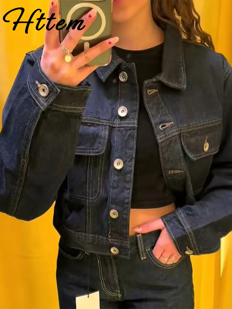 

Casual Denim Jacket Pants Sets Women Lapel Single Breasted Pocket Short Top Straight Leg Jeans 2025 Spring New Lady Suit