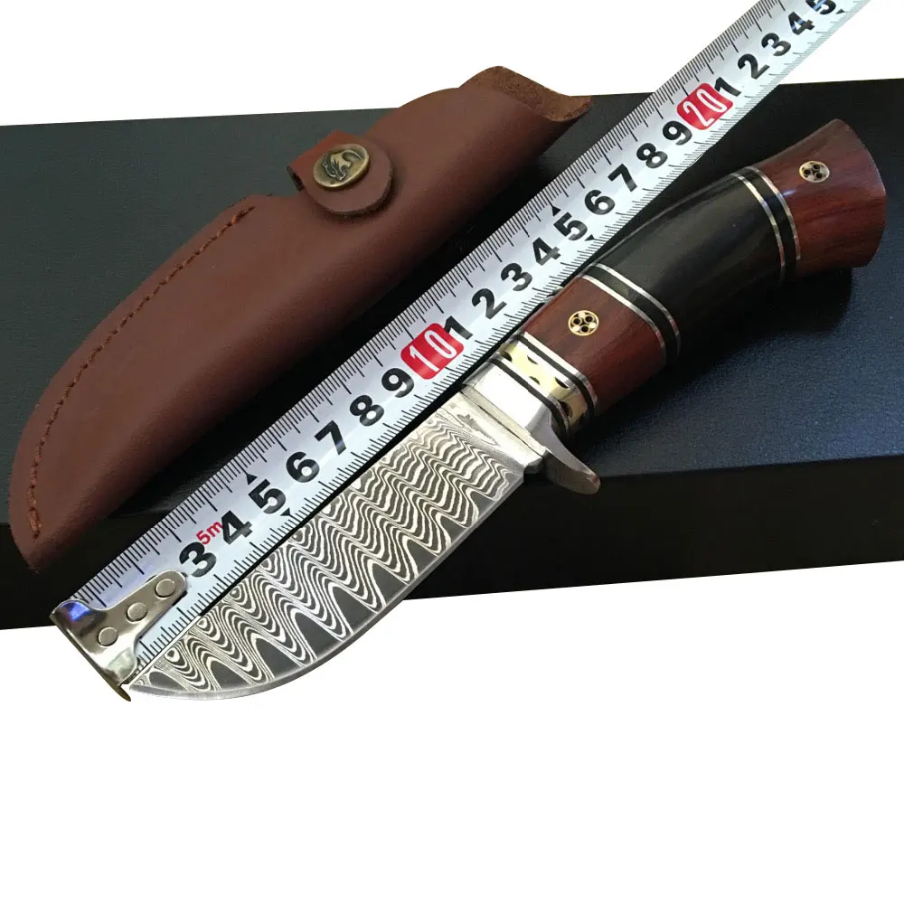 

Damascus Steel Fixed Blade Hunting Knife Camping Ebony Handle First Layer Packing Outdoor Tools