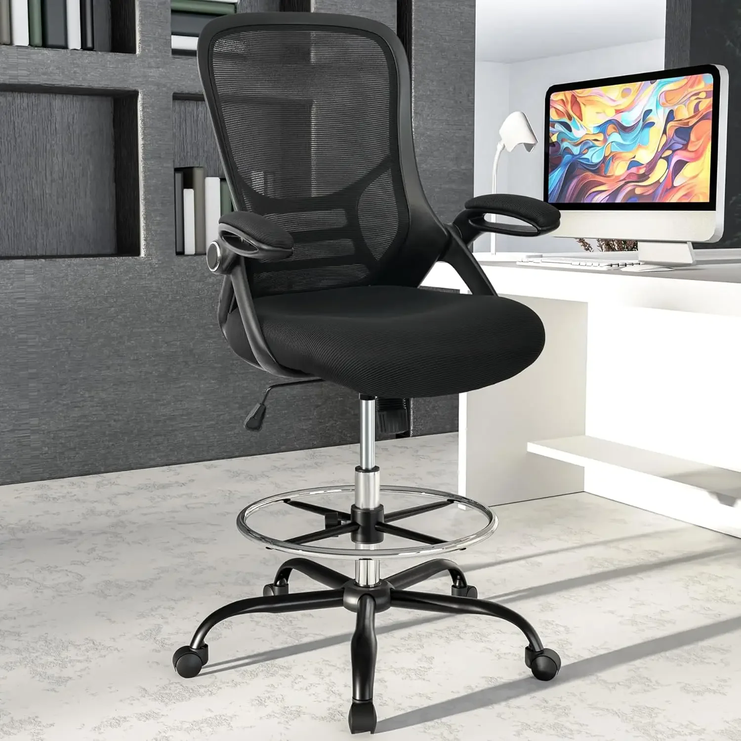 Drafting Chair Tall Office Chair High-Back Mesh Standing Desk Stool with Adjustable Footrest Ring and Flip-Up Arms