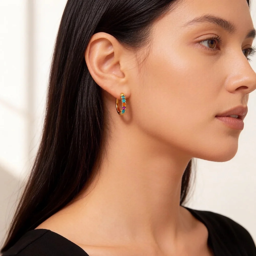 Bunte Stein kreolische vergoldete Creolen Europa feiner Schmuck für Frauen Böhmen Geschenk aus echtem 925er Sterlingsilber – Detail 2