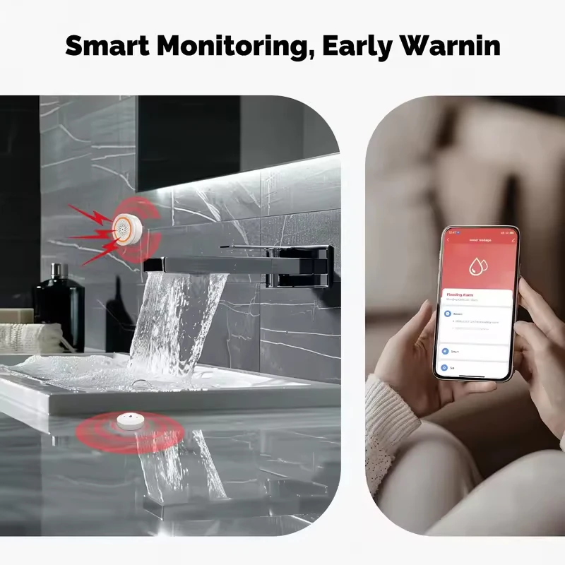 MOES Tuya ZigBee 3.0 كاشف إنذار تسرب المياه الذكي، مستشعر الفيضانات والغمر، إنذار في الوقت الحقيقي، إشعار تطبيق الحياة الذكية