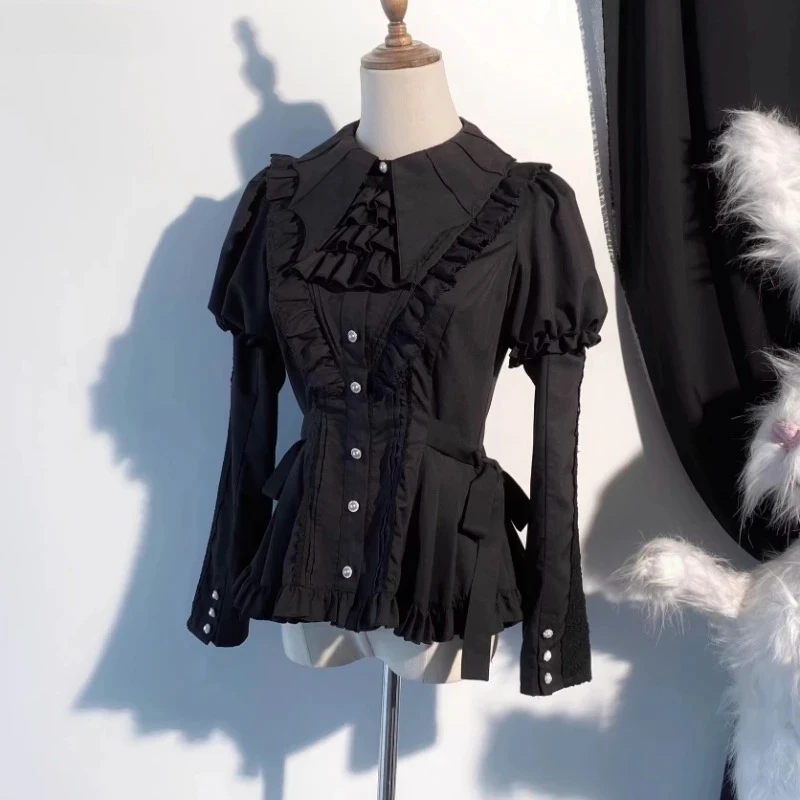 Vintage Victorian Lolita Style Shirt Women Gothic Punk Detachable Long Sleeve Slim Blouse Girls Y2k Aesthetic Black Tops Blusas