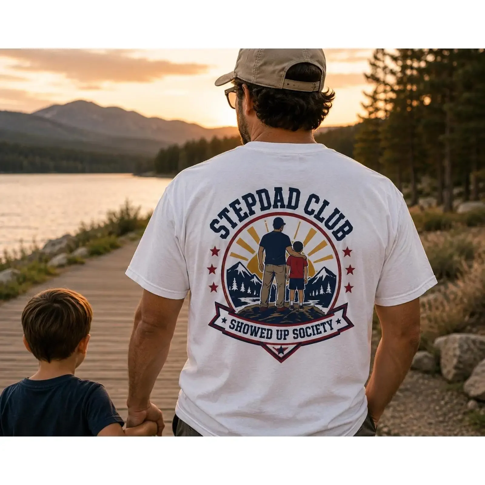 Stepdad Club Showed Up Society Funny T Shirt Retro Mountain Sunrise Father's Day for Stepdads vintage Washed fashion Stretched
