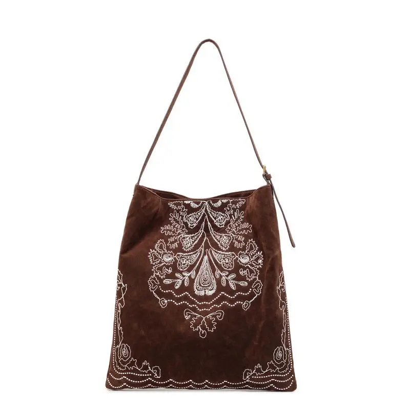 Brown Coffee Black Suede Paisley Embroidered Hobo Bag Vintage Bohemian Crossbody Shoulder Soft Tote Purse Large Capacity Women