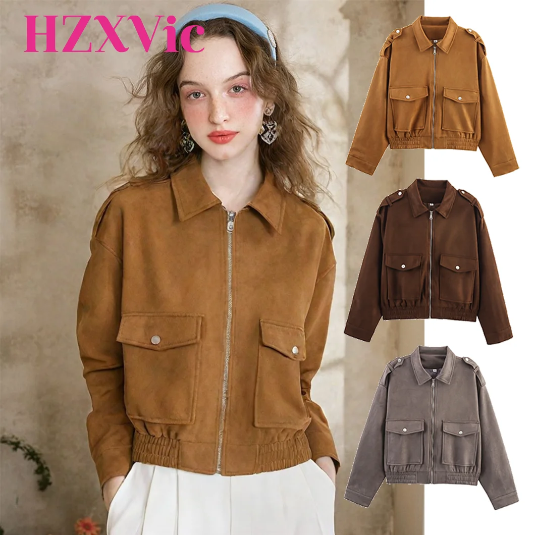 

HZXVic Women's Brown Suede Texture Flight Jacket Loose Fit Autumn Winter Outdoor Windproof Coat