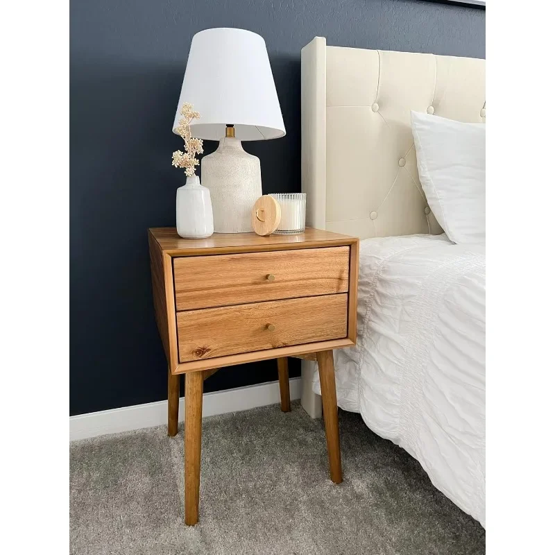 

Modern Nightstand Side Accent or End Table with Storage Drawer, Set of 2, Oak Brown
