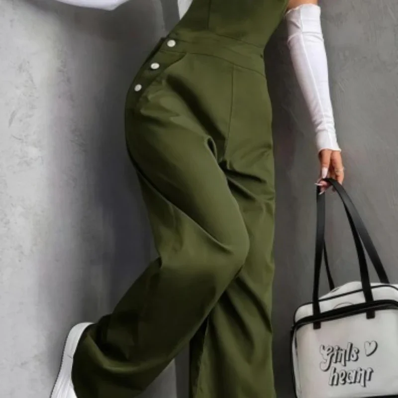 

Jumpsuit Summer Vacation Seaside Retro Pocket Solid Color Straight Tooling Strap Jumpsuit Women