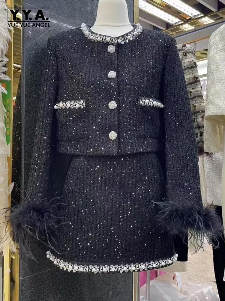 Luxury Ladies Single-Breasted Feather Long Sleeves Jackets Short Skirts Two Piece Set Solid Color Round Neck Female Matching Set