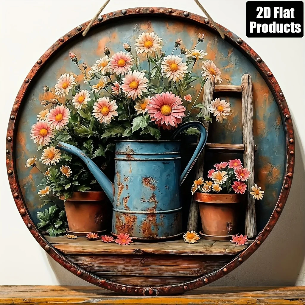2D flat, 1pc, round wooden decorative sign with vintage garden watering can and floral design theme, suitable for bar kitchen ca