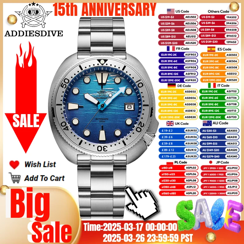 ADDIESDIVE AD2045 NEW Men Mechanical Watch 200m Diving Sapphire Glass Blue Luminous Automatic Watch NH35 Relogios Masculino