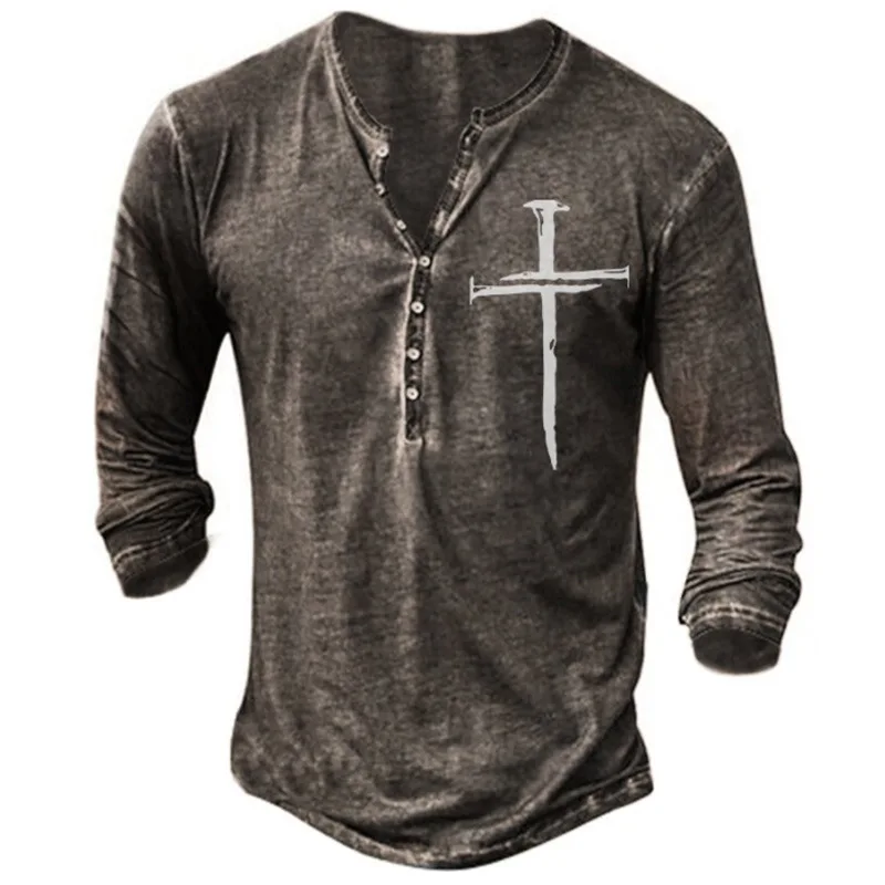 Printed Large Size Slim Fit Collarless Casual Men's Long Sleeves