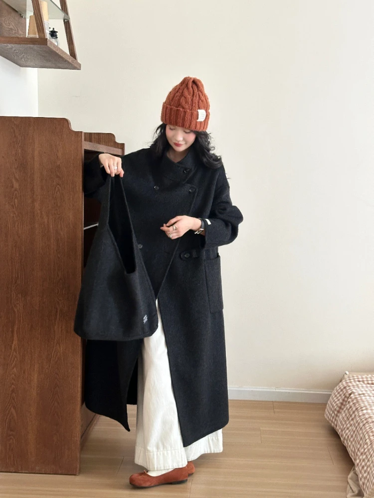 معطف صوف طويل جديد لعام 2025 لخريف/شتاء بربطة عنق مع حقيبة سترة نسائية فضفاضة موضة غير رسمية سميكة دافئة سترات صوفية على الوجهين #3