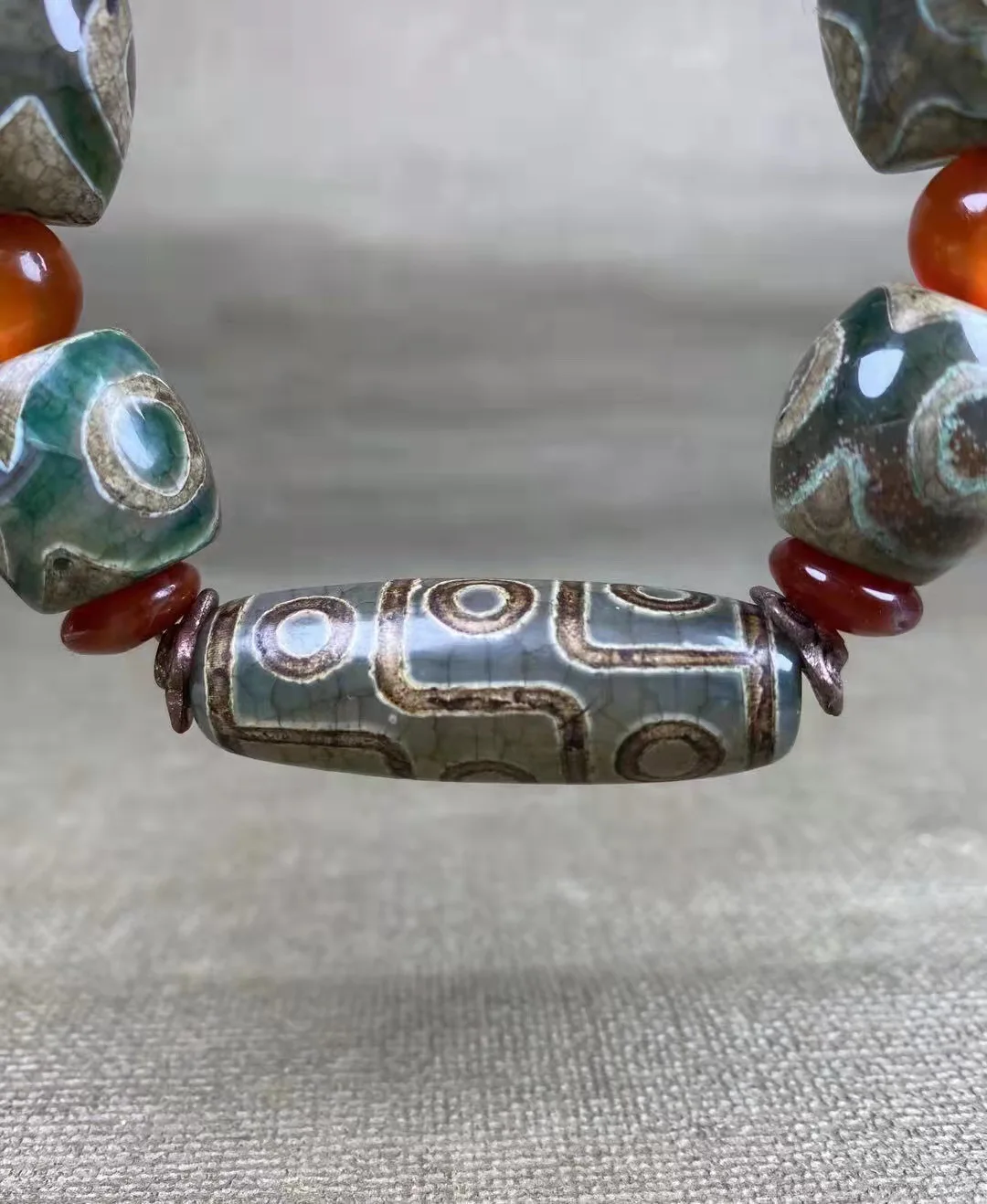 Natural Tibetan Green Agate with Three Eyes and Nine Eyes Beads Bracelets for Men and Women Ethnic Wild Bracelet