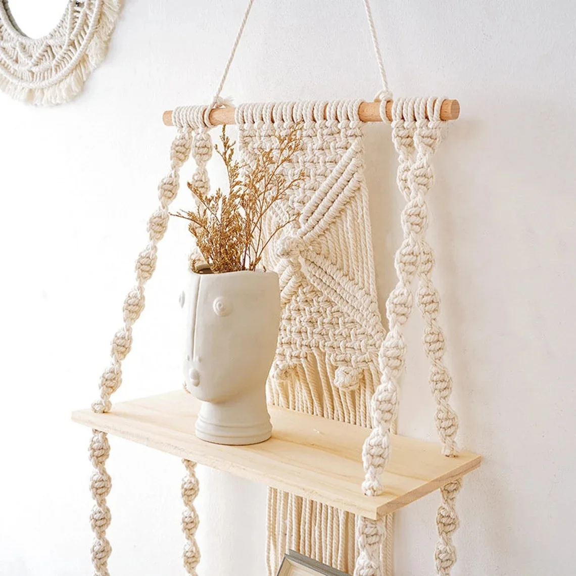 Macrame Wall Hanging Shelf Boho Home Decor Shelves On Wall Wood Decoration for Bedroom Living Room Nursery Christamas Gift