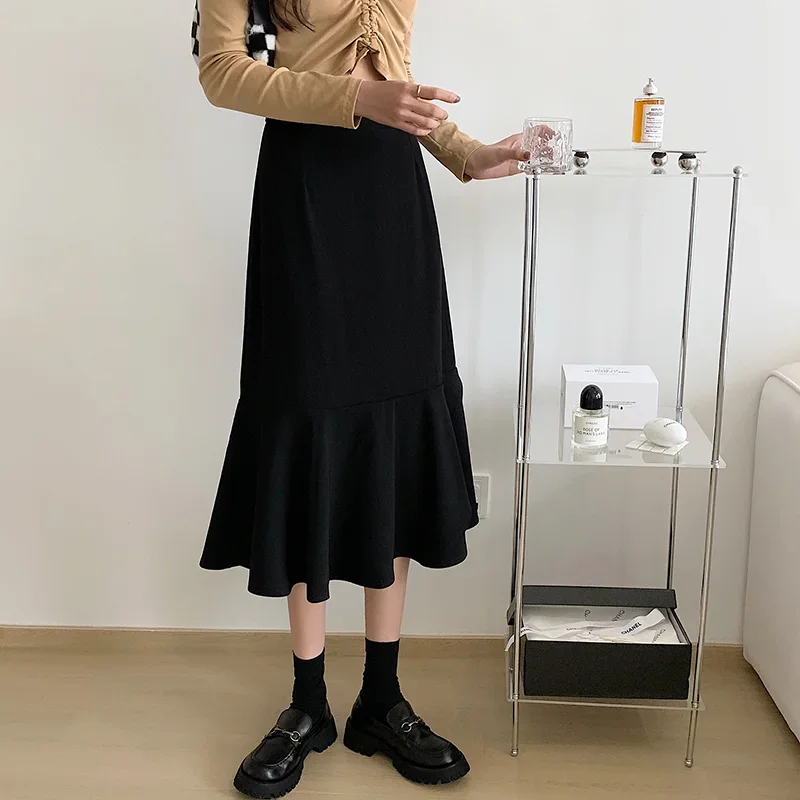 

Юбки женские с высокой талией повседневные офисные женские складные однотонные элегантные универсальные корейский стиль модный дизайн весенние новые простые до середины икры