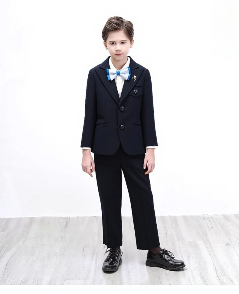 

Темно-синий свадебный костюм с цветочным узором для мальчиков, комплект из 5 предметов с курткой, жилетом, брюками, галстуком-бабочкой, детский костюм для выступлений на фортепиано на день рождения