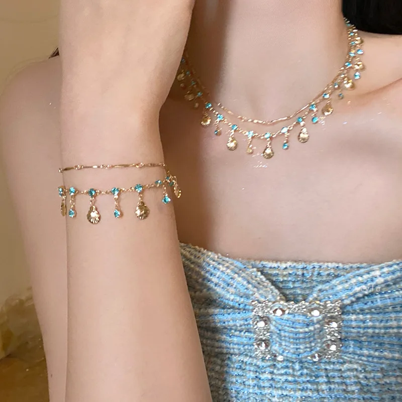 

New Elegant Chain Shell Pendant Necklace Jewelry Set Blue Zircon Crystal Choker Bracelet for Women Wedding Jewelry Gift