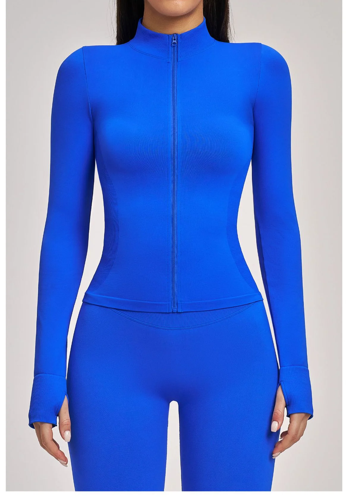 Women's Seamless Long Sleeve Yoga Top Ribbed High Neck Full Zip Slim Fit Sports Jacket Thumb Hole Workout Gym Running Activewear