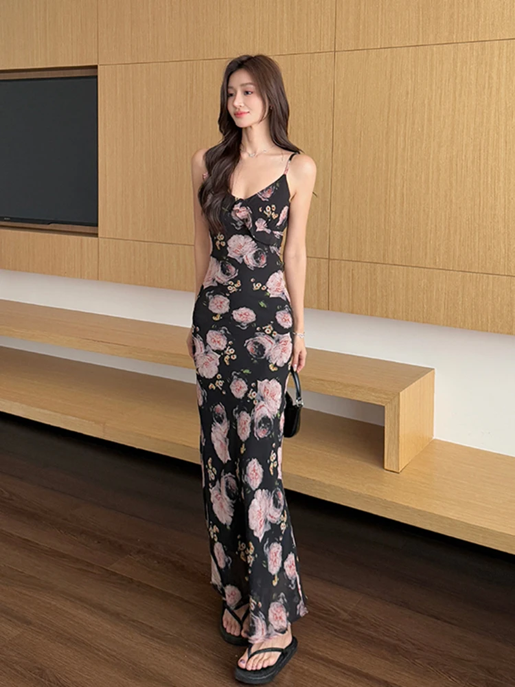 Floral babados praia vestido feminino moda magro retalhos cintura alta elegante feminino vestido longo sem mangas camisola com decote em v vestido