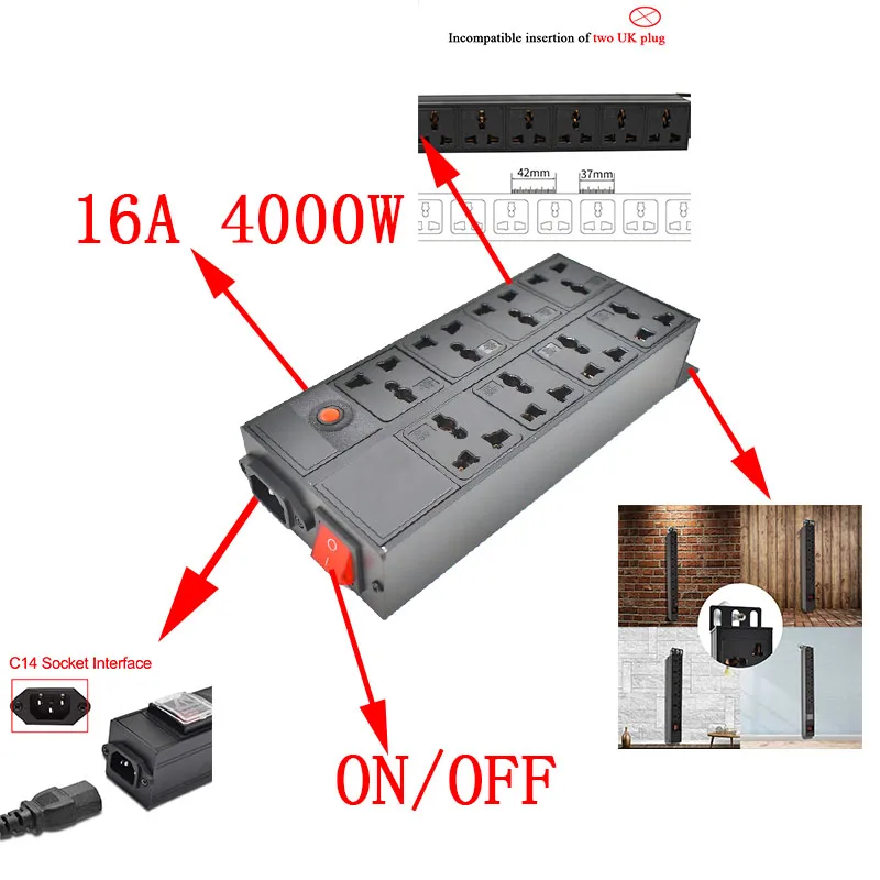 C14 port PDU power strip 2-24 Unit Universal output socket Network Cabinet Rack With switch 16A 4000W overload protection