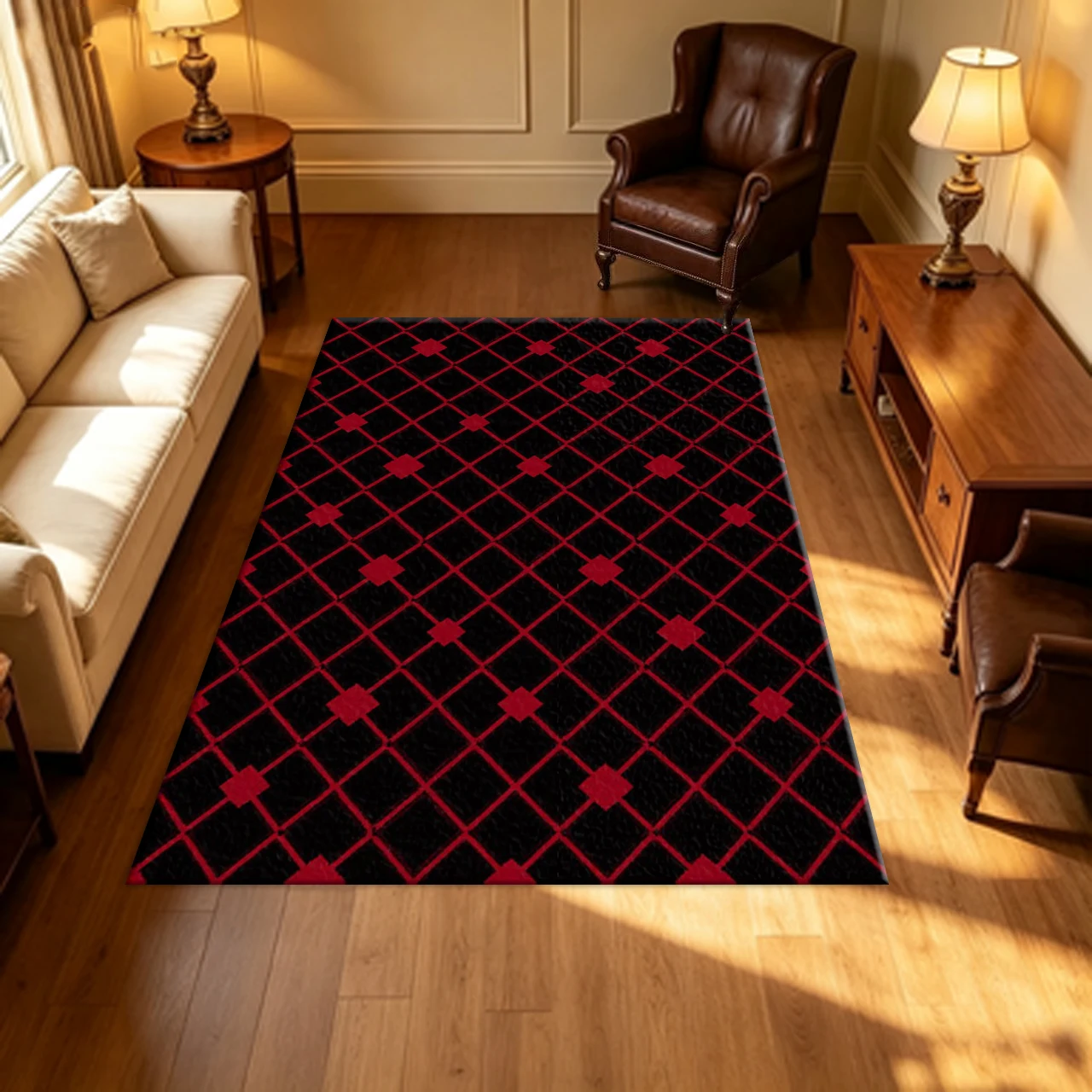 Classic Red Black Rhombus Lattice Carpet Flooring Minimal Retro Geometric Grid Household Indoor Decor Area Rug