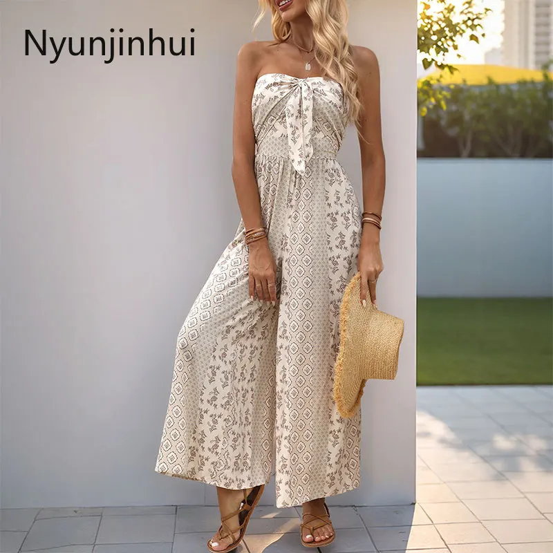 2025 신상 유럽 및 미국 여성 의류 휴가 스타일 민소매 튜브탑 기하학 프린팅 점프수트