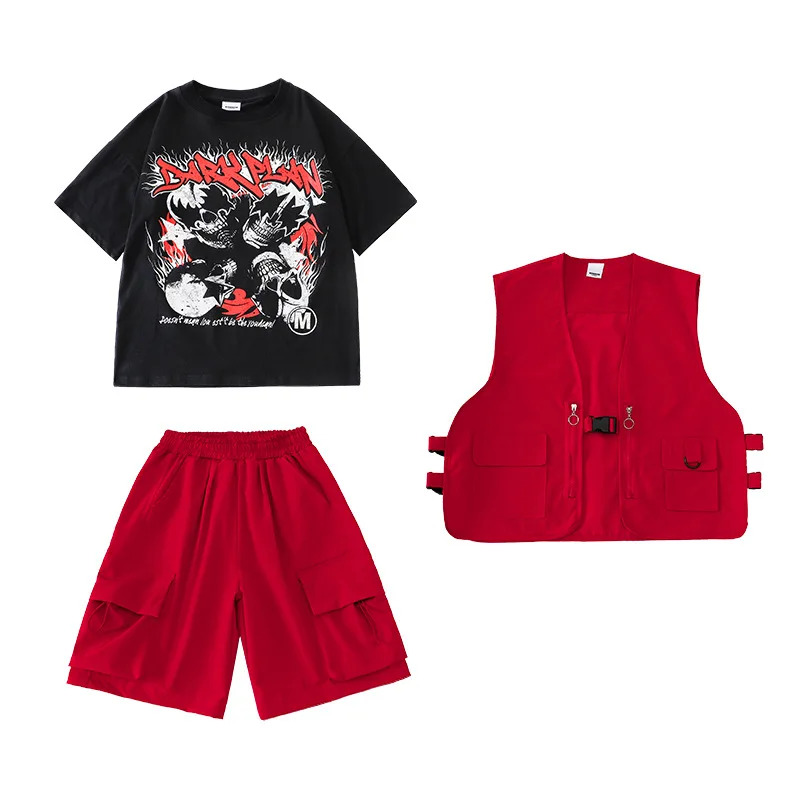 Disfraz de baile de Hip Hop para adolescentes, chaleco rojo, pantalones Cargo, camiseta de manga corta, ropa de actuación de Jazz, ropa de escenario para niños