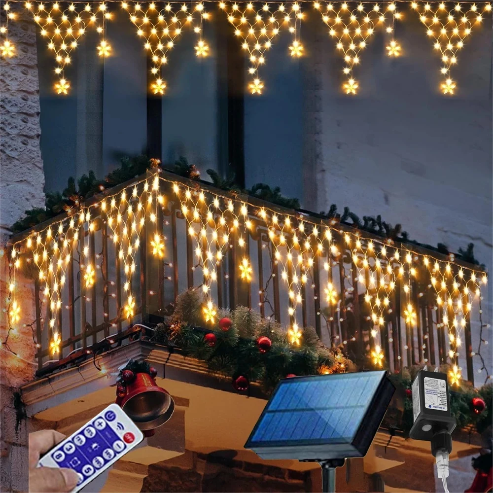 Solar Net Lights Outdoor Curtain Fairy LED String with Hanging Stars for Wedding Party Holiday Christmas Decor