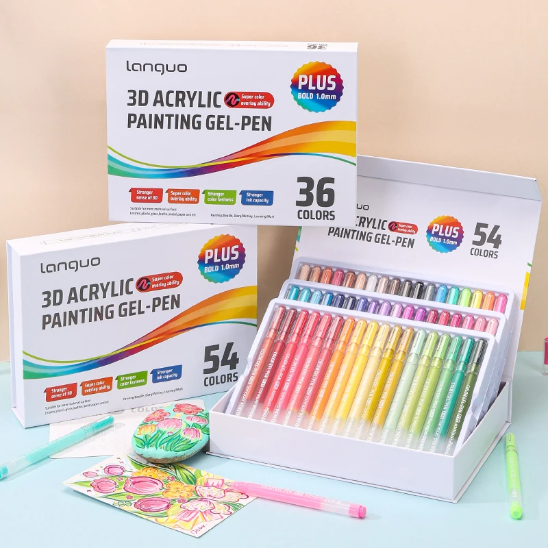 Languo Three-Dimensional Effect Acrylic Painting Gel Pens Set 1.0mm Tip Kawaii Stationery Student Color Drawing Pen Art Supplies